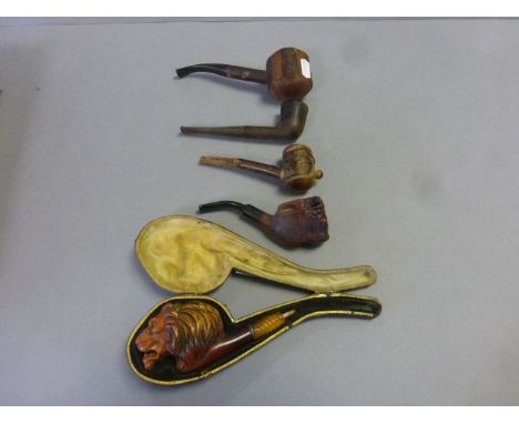 Five vintage pipes including cased meerschaum carved as a lions head