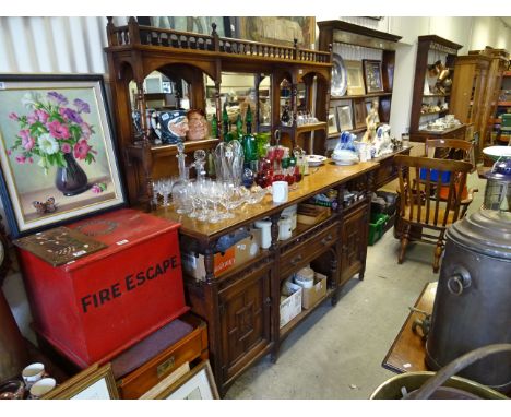 Large Late Victorian Oak Mirrored Back Sideboard, the mirrored shelved back over open shelf, over drawer with pot shelf flank