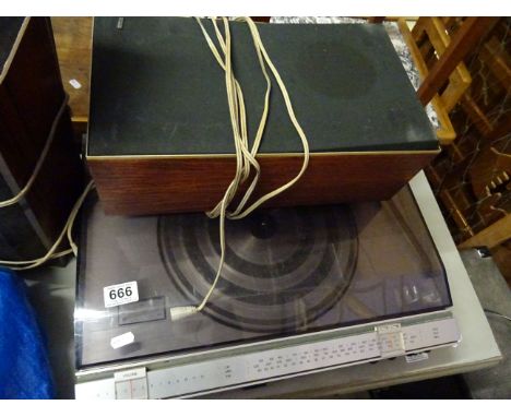A Bang & Olufsen cassette player, record player, two pairs of speakers and an amp 