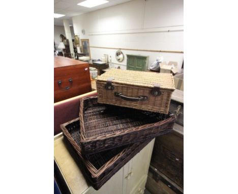 2 wicker basket trays and hamper case