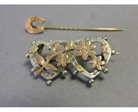 Early 20th century Silver Double Heart Brooch plus Gold Plated Horse Shoe Stick Pin