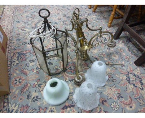 Gilt Brass Three Branch Central Light Fitting with Glass Shades plus Gilt Brass Lantern Shade