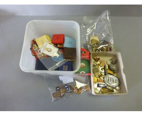 Box of mixed vintage enamel badges etc to include Rifle club medals, bowling badges, Police & Military badges