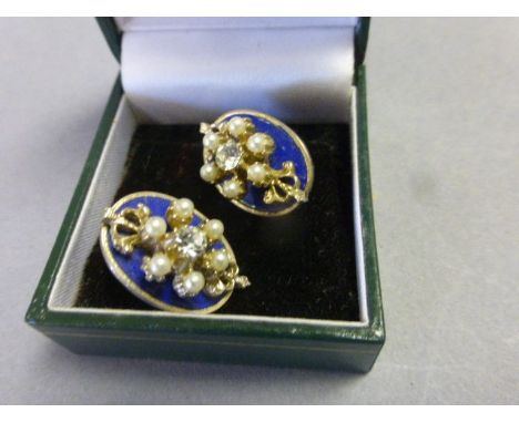 Pair of Vintage Blue Enamel and Pearl Earrings