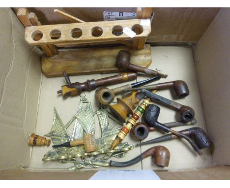 Box of vintage wooden pipes and two pipe racks including brass