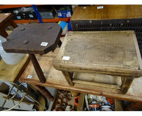 A oak joint stool, along with a vintage pine stool