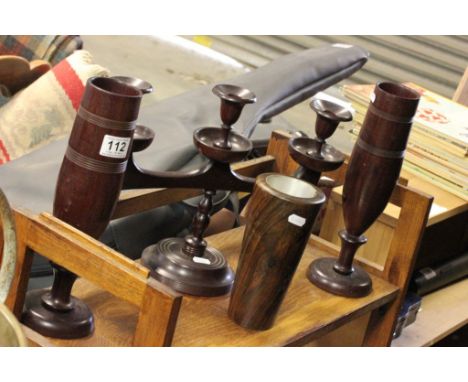 Lignum Vitae Pair Vases together with a Three Branch Candlestick and another Vase