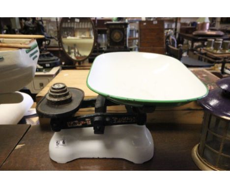 A set vintage white enamel scales and four weights 