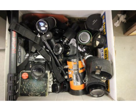 Box of vintage SLR cameras along with a large collection of lens, flashes plus an underwater photography light