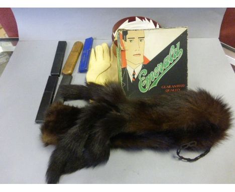 Mixed vintage items to include, box of collars, vintage cut throat razors, fur stole etc