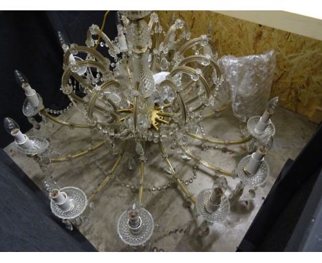 Large Gilt Metal Twelve Branch Chandelier with Glass Cups and Drops