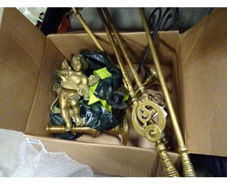 Brass candlesticks and various other metalware plus Plaster Cherubs and Carved Wooden Shelf