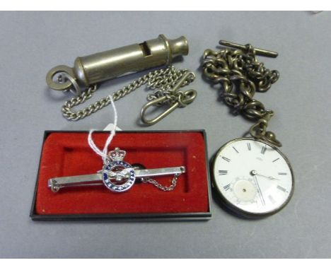 Vintage whistle, badge and silver pocket watch