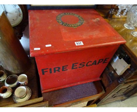 A vintage fire escape box with transfer print for Merryweather & Sons, London