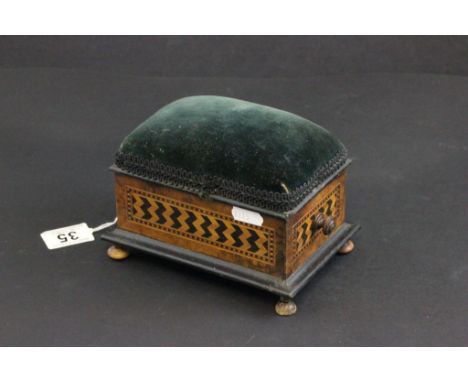 Victorian Tunbridgeware Style Inlaid Large Pin Cushion with Drawer