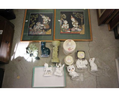 A collection of Royal Osborne animals, a Poole pottery cat, Two Thai Prints and other items