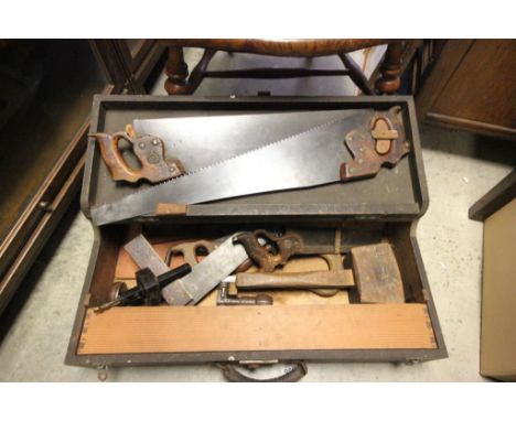 Vintage Wooden Tool Box with a Quantity of Tools
