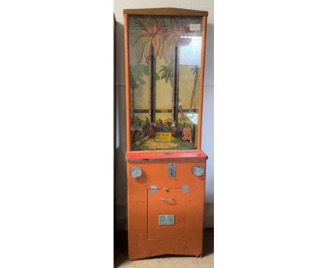 Monkey climbing penny in the slot arcade game by R Wright &amp; Son of Bridlington. Dimensions Ht 222cm W 68cm D 44cm&nbsp;