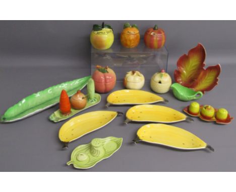 Collection of food and leaf design pots includes Carltonware banana dishes, bean carrot and onion salt and pepper set, also l