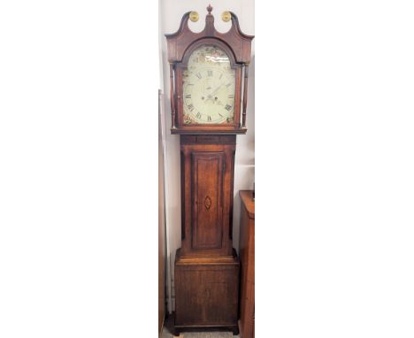 19th century longcase clock in an oak case with mixed wood inlay &amp; an 8 day movement&nbsp; Ht 224cm W 48cm D 22cm