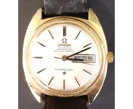 Gents steel &amp; gold plated Omega Constellation automatic chronometer wristwatch with day / date aperture on leather strap