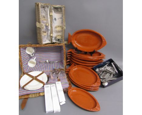 Large collection of Olympia cutlery, terracotta fish shaped dishes, varying sizes, wicker hamper and wicker wine carrier