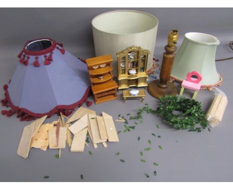 Wooden table lamp, 3 lamp shades and a small selection of doll's house furniture