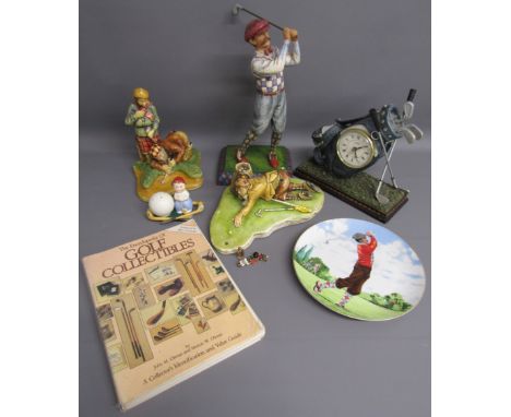 Golfing figures includes Naturecraft, Heartwood Creek, Juliana golf bag clock, David Fisher design plate, 2 Golly badges, Wes