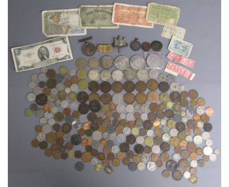 Collection of coins include Victoria 1889 Jamaica one penny, Churchill coins, United States 1964 half dollar, 1922 Liberty on