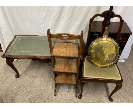 19th century warming pan engraved 'O Speight New Inn M. Deeping', coffee table Regency style shelf unit, Edwardian chair &amp