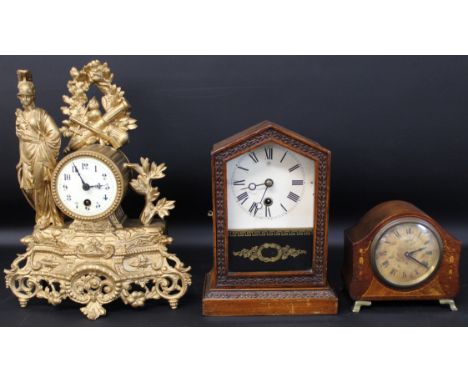 French gilt metal figural mantel clock (missing pendulum), Junghans American style clock &amp; small inlaid mahogany clock wi