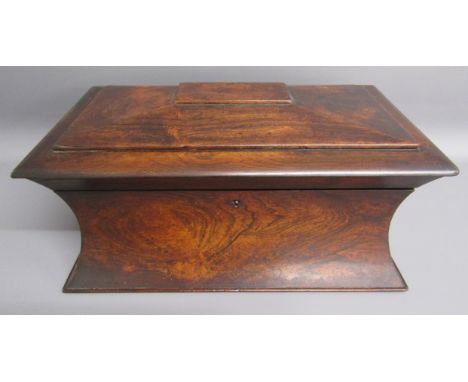 19th century rosewood sarcophagus waisted form two division tea caddy - lined central compartment - one lid missing - approx.