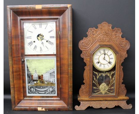 Oak cased Waterbury Clock Co mantel clock (glass damaged) &amp; American Jerome &amp; Co 30 hour wall clock with decorative g