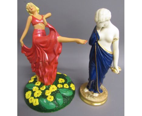 Ceramic figure of dancing lady with marks to base 154 F158 4 and Royal Worcester 'Figure of Sorrow' with blue shawl (repair t