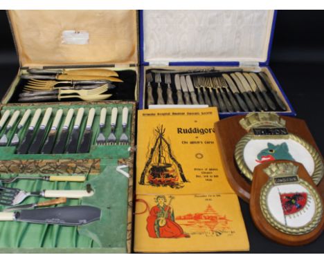 3 cases of cutlery including Italian carving set with handles marked 800 (imitation ivory terminals) 2 Royal Navy painted pla