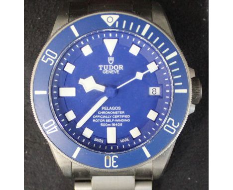 Gents Tudor Pelagos chronometer stainless steel wristwatch with blue dial, titanium bracelet, serial number I516662, model 26