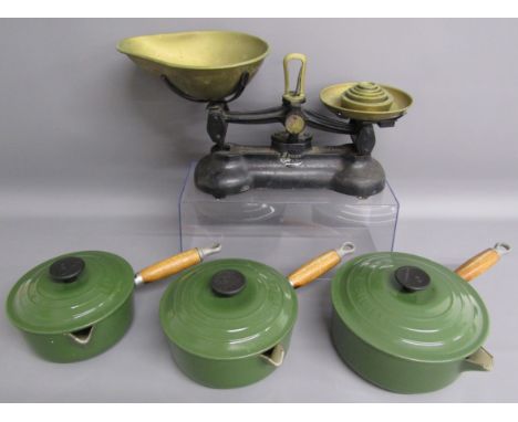 Libra Scale Co scales with weights and 3 green Le Creuset pans with lids and wooden Le Creuset handles 16, 18 &amp; 20