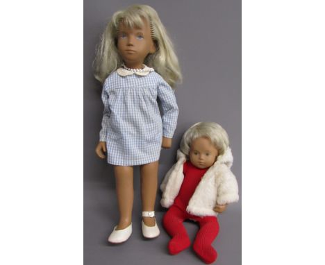 2 Sasha dolls - blonde hair blue eyes with gingham dress and baby white hair brown eyes