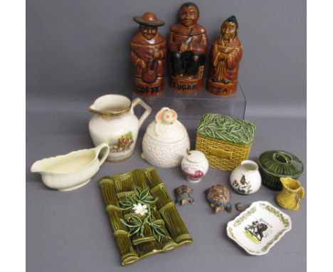 Collection of ceramics includes P&amp;K figural tea, coffee and sugar pots, jugs, Meakin gravy boat, Japan bamboo effect dish