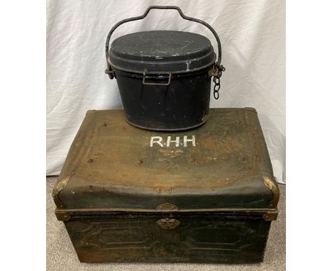 Tin trunk &amp; another lidded metal container
