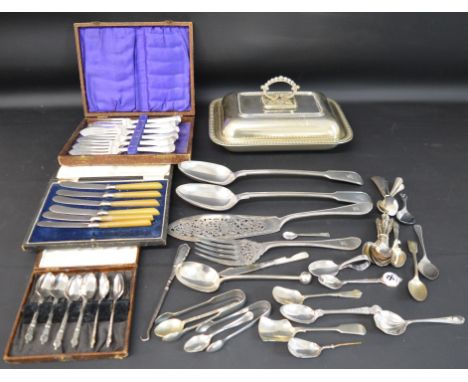 Pair of Victorian silver plated basting spoons, set of fish servers, entr&eacute;e dish &amp; lid &amp; selection of silver p