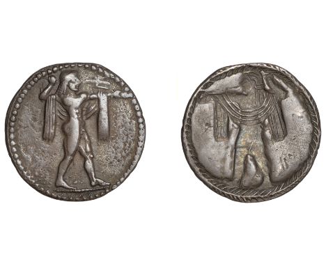 Greek Coinages, Northern Lucania, Poseidonia, Drachm, c. 530-510, Poseidon standing right, casting trident, chlamys draped ov