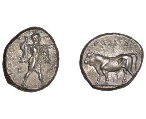 Greek Coinages, Northern Lucania, Poseidonia, Nomos, c. 420-410, Poseidon standing right, casting trident, chlamys draped ove