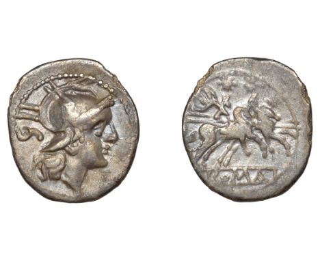 Anonymous, silver Sestertius, c. 211-208, helmeted head of Roma right, ii s behind, rev. Dioscuri riding right, roma in exerg