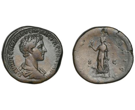 Commodus (as Cæsar), Sestertius, 175-176, draped bust right, rev. Spes walking left, holding flower and raising dress, 27.31g