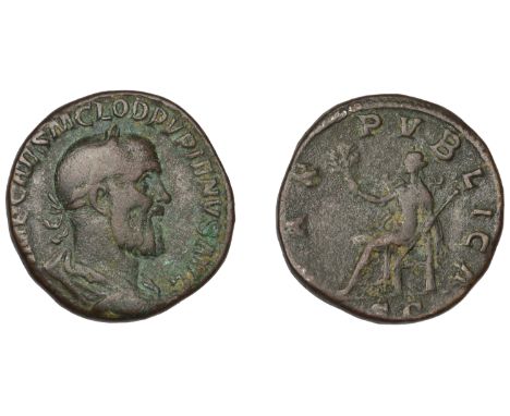 Pupienus, Sestertius, 238, laureate and draped bust right, rev. Pax seated left, holding branch and sceptre, 18.99g (RIC 22a;