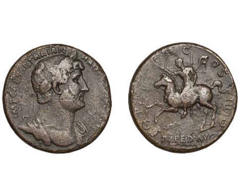 Hadrian, Sestertius, 119-123, laureate and cuirassed bust right, rev. emperor on horseback left, raising hand and holding spe