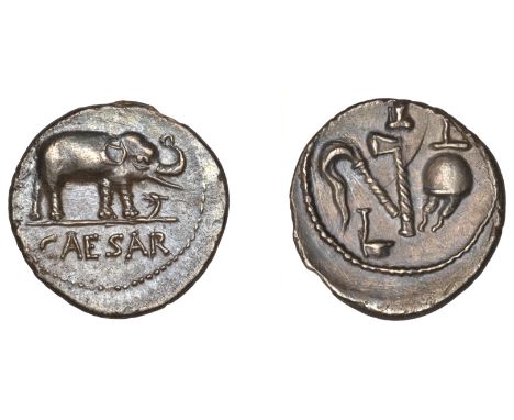 Julius Cæsar, Denarius, mobile military mint, 49, elephant walking right, trampling on dragon, rev. simpulum, sprinkler, axe 