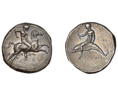 Greek Coinages, Calabria, Tarentum, Nomos, 400-390, youth on horseback right, holding whip, λ below, rev. dolphin-rider left,