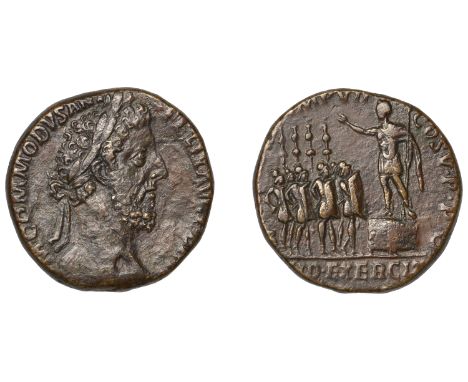 Commodus, Sestertius, 186, laureate head right, rev. Emperor standing left on platform, gesturing towards six soldiers, fid e